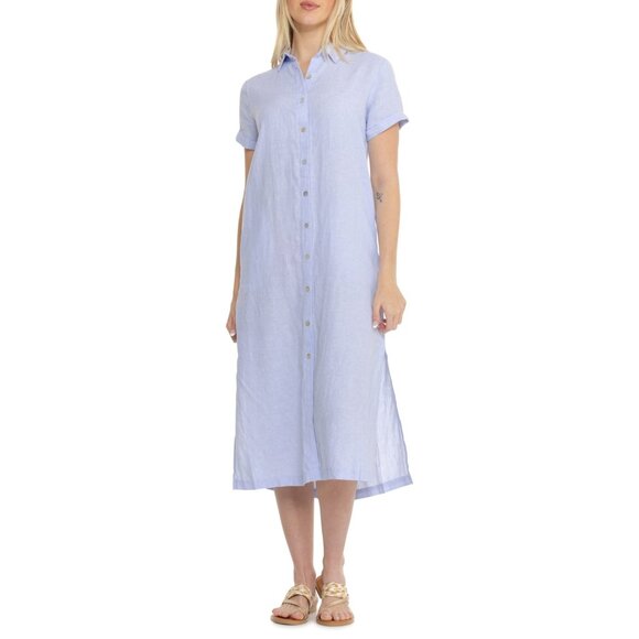 NEW C&C California Midi Shirt Dress Short Sleeve 100% linen Brunerra Blue 2543s2 - Picture 1 of 3